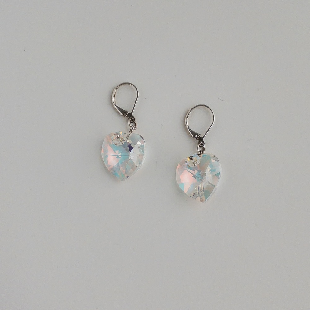 Handmade Sterling Silver Crystal Aurora Borealis AB Earrings Heart Shape 925